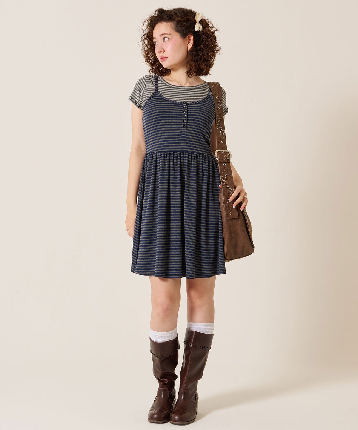 トップス/Tシャツ/ボタン付き ボーダー チビＴ TINA：JOJUN 