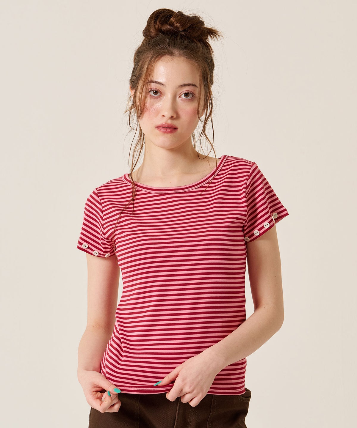 トップス/Tシャツ/ボタン付き ボーダー チビＴ TINA：JOJUN 