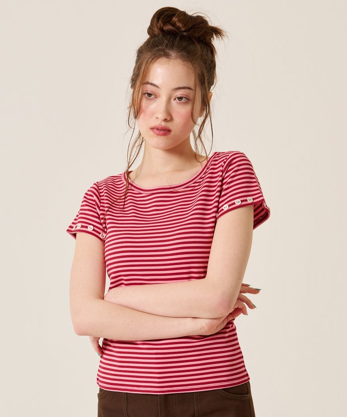 トップス/Tシャツ/ボタン付き ボーダー チビＴ TINA：JOJUN 