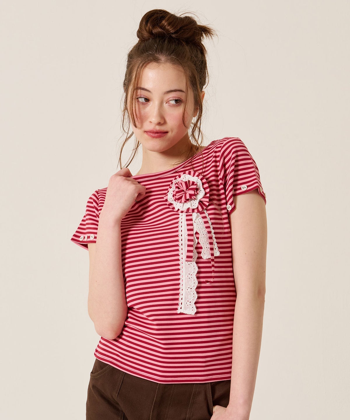 トップス/Tシャツ/ボタン付き ボーダー チビＴ TINA：JOJUN 