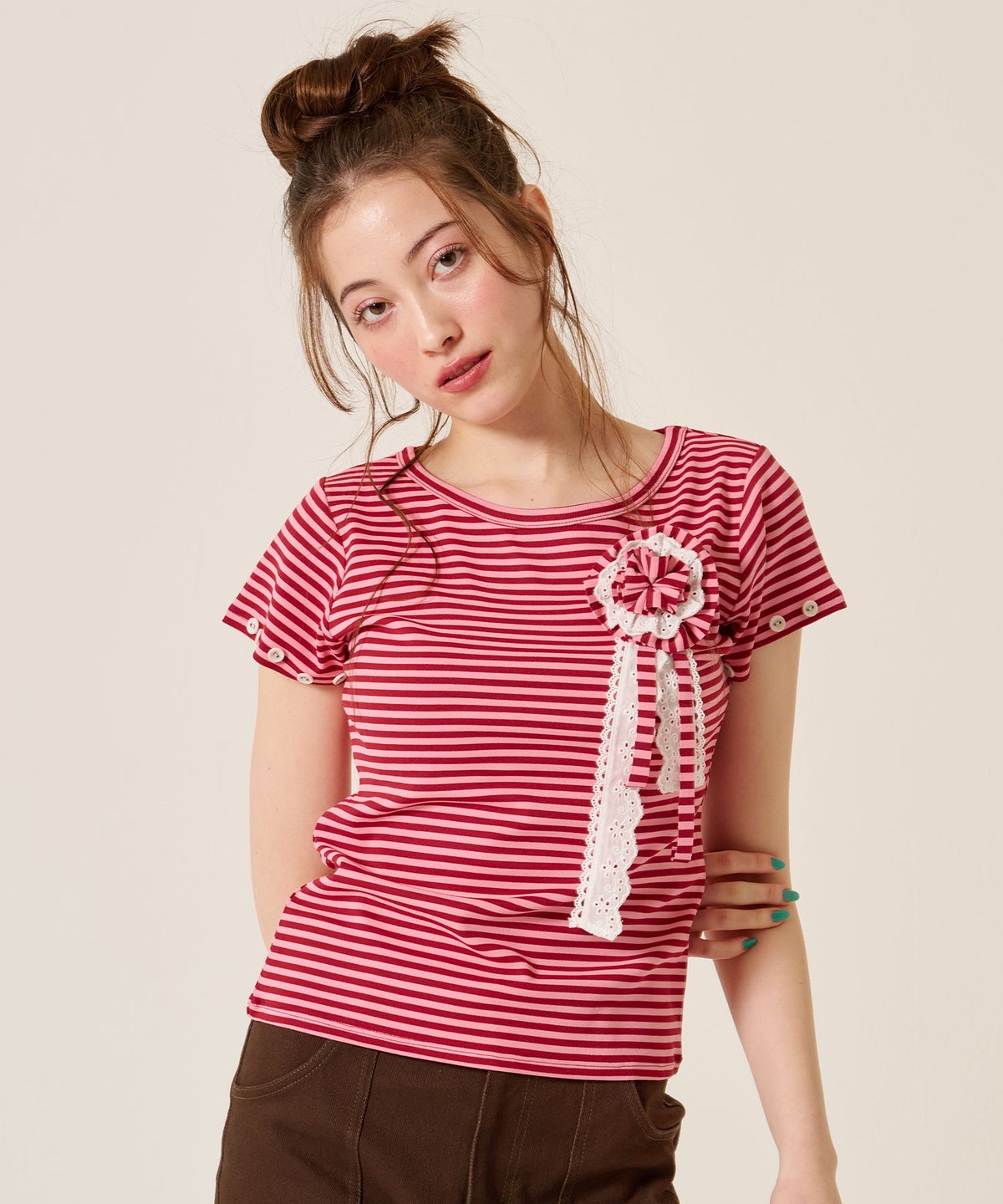 トップス/Tシャツ/ボタン付き ボーダー チビＴ TINA：JOJUN 