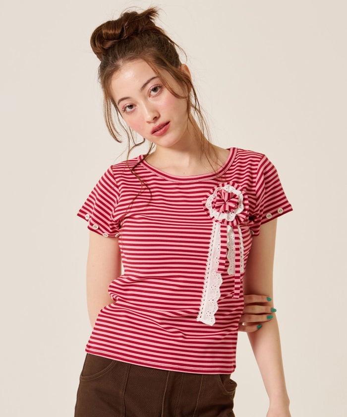 トップス/Tシャツ/ボタン付き ボーダー チビＴ TINA：JOJUN 