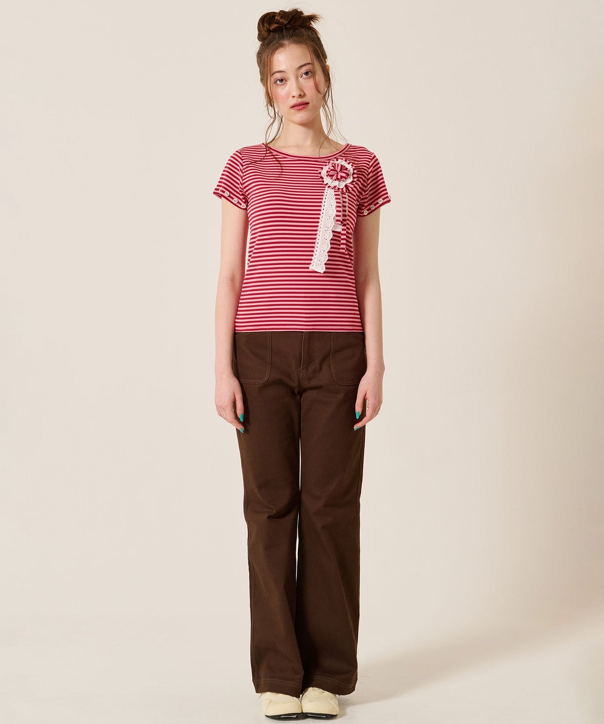 トップス/Tシャツ/ボタン付き ボーダー チビＴ TINA：JOJUN 