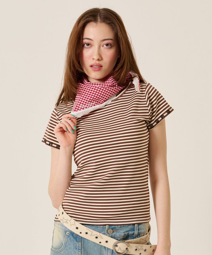 トップス/Tシャツ/ボタン付き ボーダー チビＴ TINA：JOJUN 