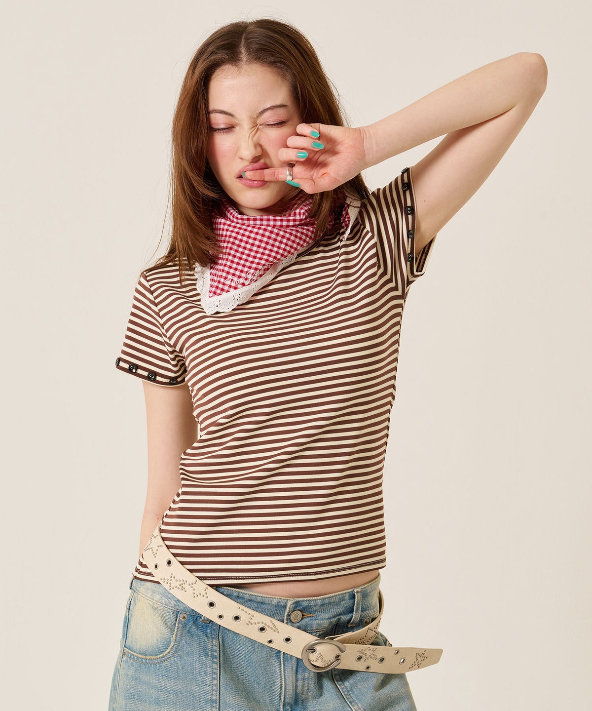 トップス/Tシャツ/ボタン付き ボーダー チビＴ TINA：JOJUN 