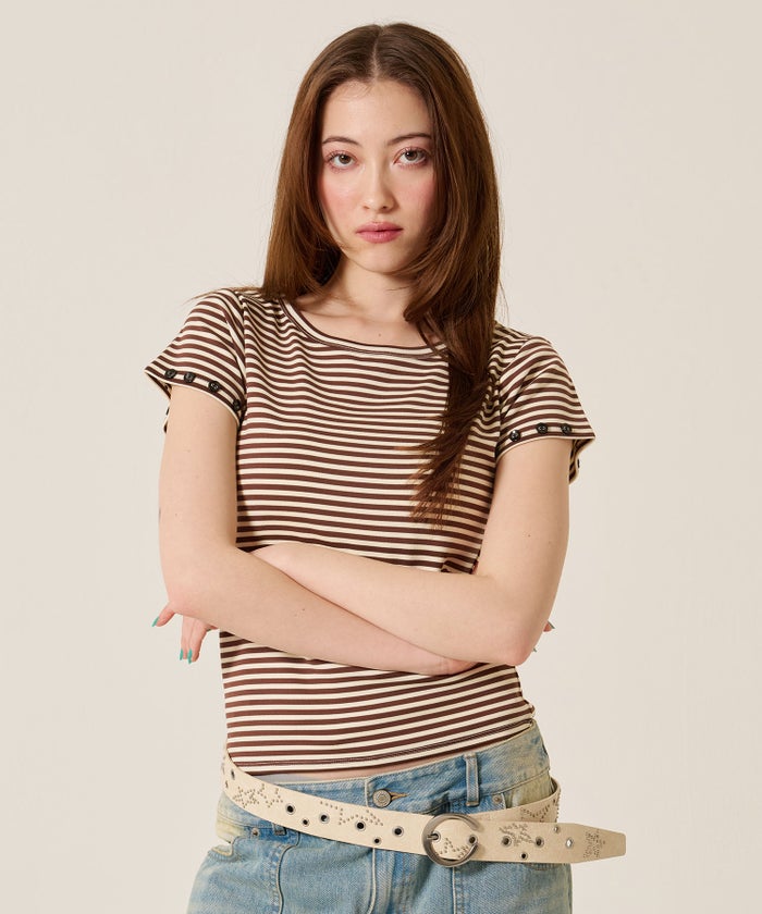 トップス/Tシャツ/ボタン付き ボーダー チビＴ TINA：JOJUN 