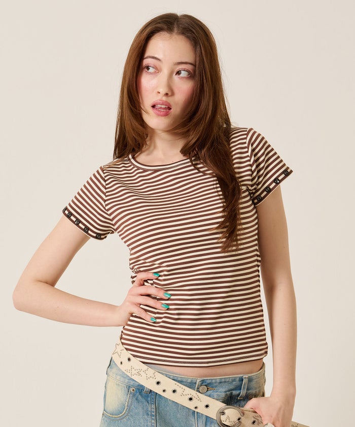 トップス/Tシャツ/ボタン付き ボーダー チビＴ TINA：JOJUN 