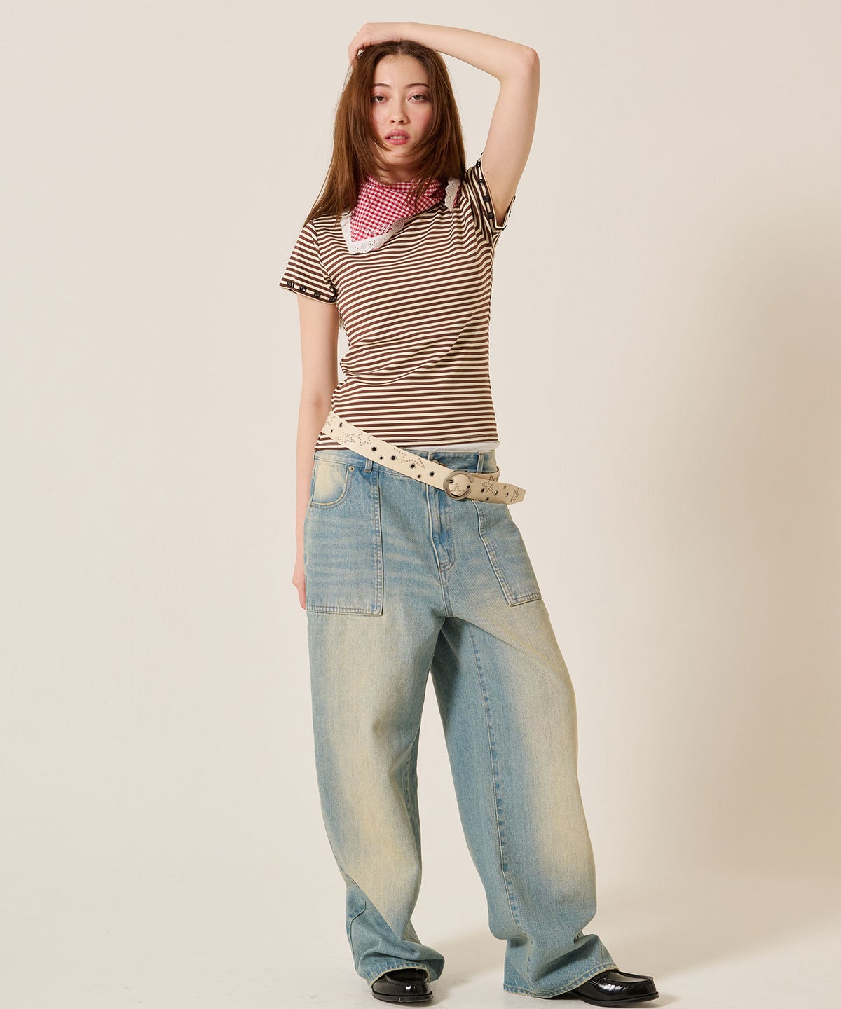 トップス/Tシャツ/ボタン付き ボーダー チビＴ TINA：JOJUN 