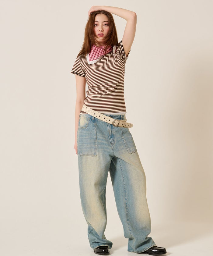 トップス/Tシャツ/ボタン付き ボーダー チビＴ TINA：JOJUN 
