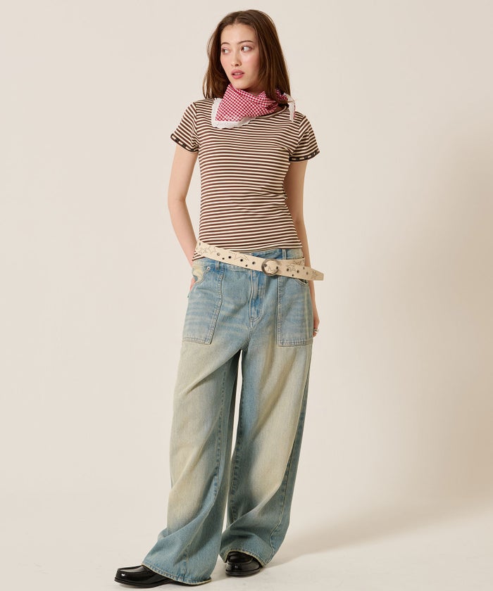 トップス/Tシャツ/ボタン付き ボーダー チビＴ TINA：JOJUN 