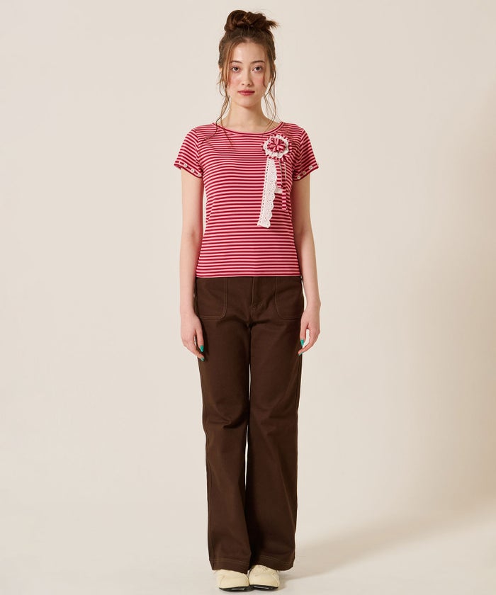 トップス/Tシャツ/ボタン付き ボーダー チビＴ TINA：JOJUN 