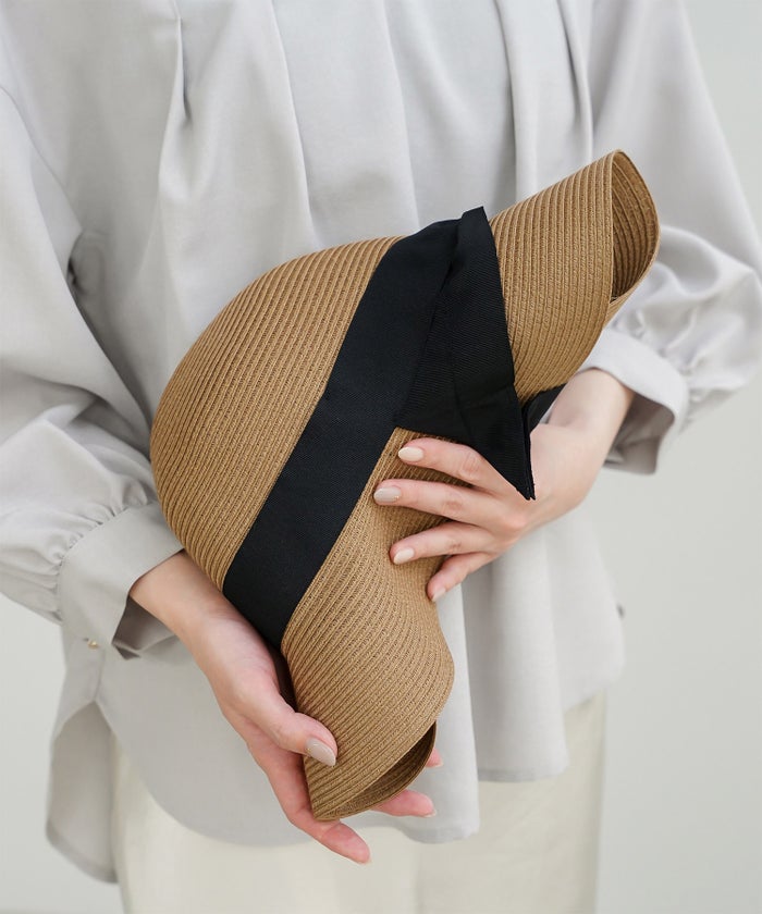 ポケッタブル グログランリボン ハット レディース ファッション ウォッシャブル ベージュ ナチュラル ブラック フリー