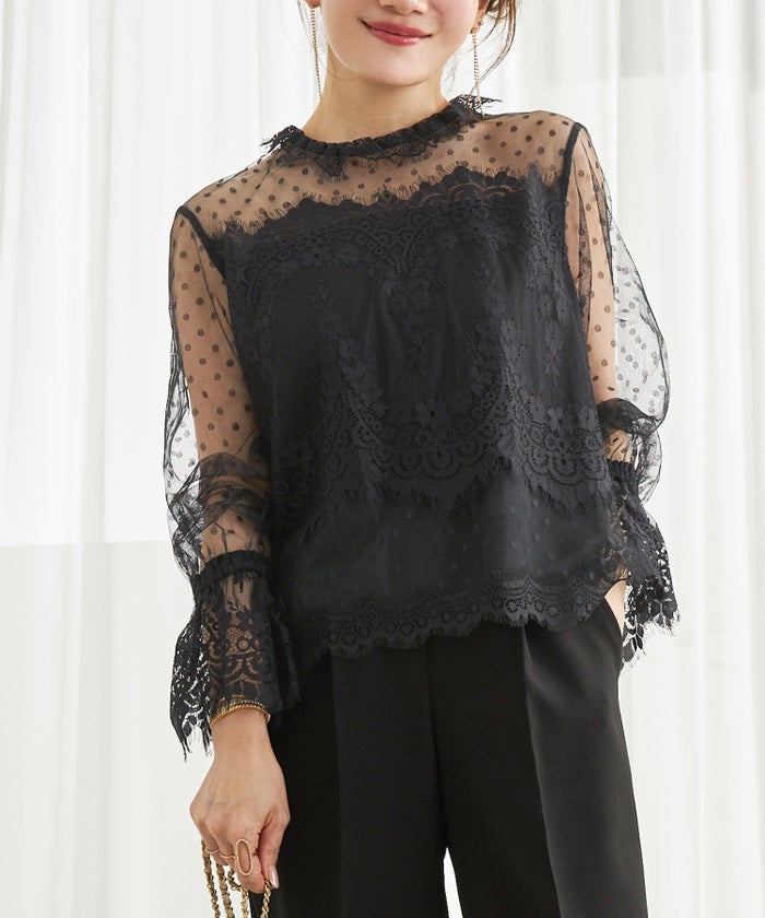 手洗い可 大人可愛い 上品 きれいめ 大人カジュアル フェミニン 白黒 春 シースルー 柄 ジョイントスペース