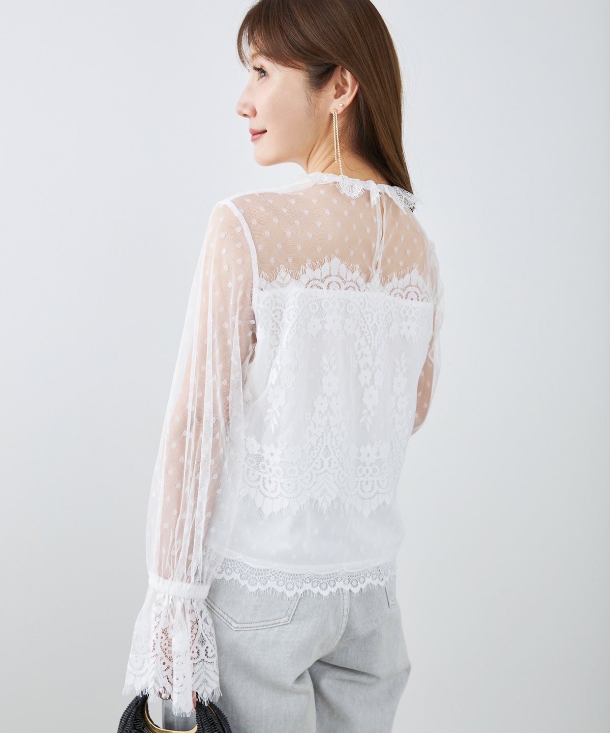 手洗い可 大人可愛い 上品 きれいめ 大人カジュアル フェミニン 白黒 春 シースルー 柄 ジョイントスペース