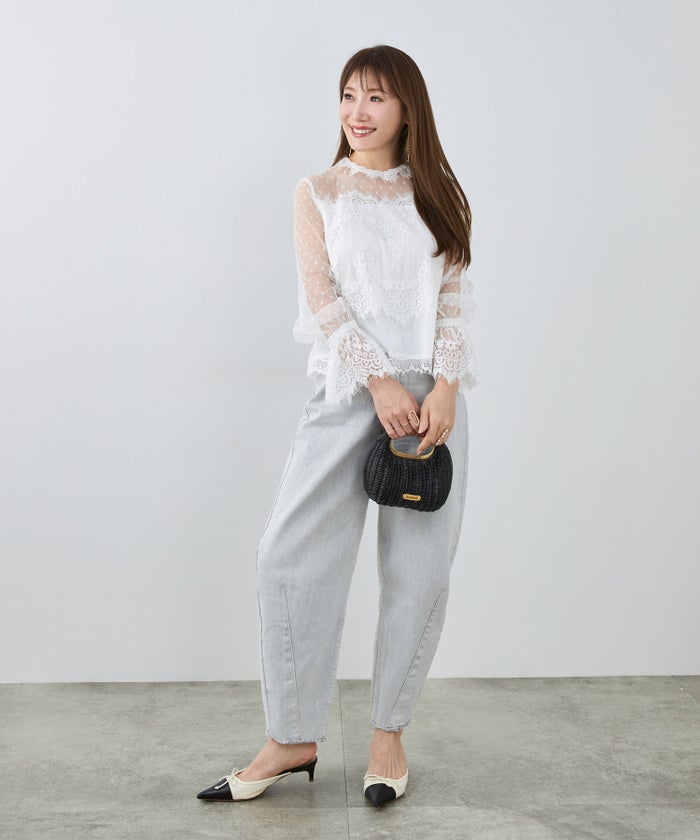 手洗い可 大人可愛い 上品 きれいめ 大人カジュアル フェミニン 白黒 春 シースルー 柄 ジョイントスペース