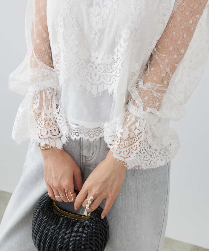 手洗い可 大人可愛い 上品 きれいめ 大人カジュアル フェミニン 白黒 春 シースルー 柄 ジョイントスペース