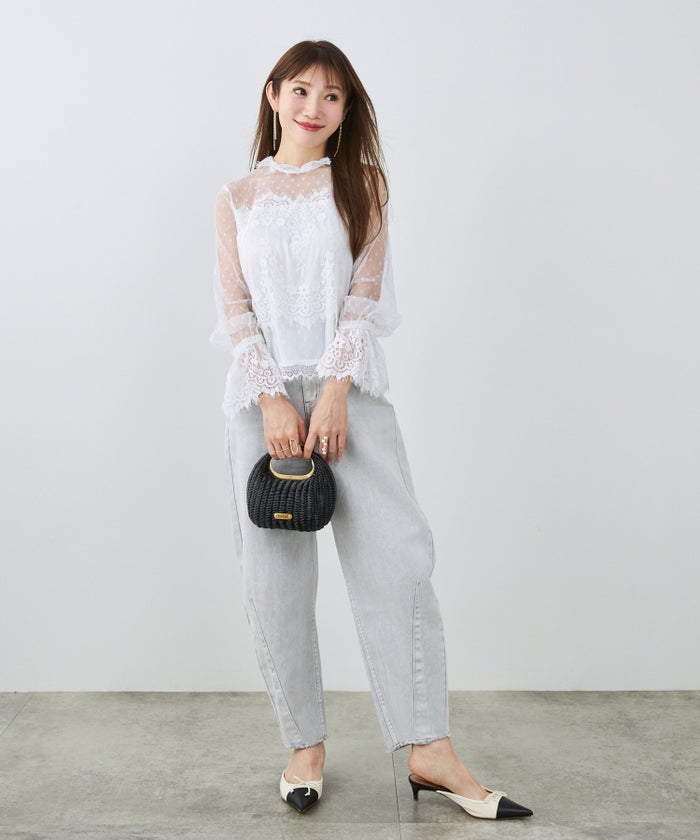 手洗い可 大人可愛い 上品 きれいめ 大人カジュアル フェミニン 白黒 春 シースルー 柄 ジョイントスペース