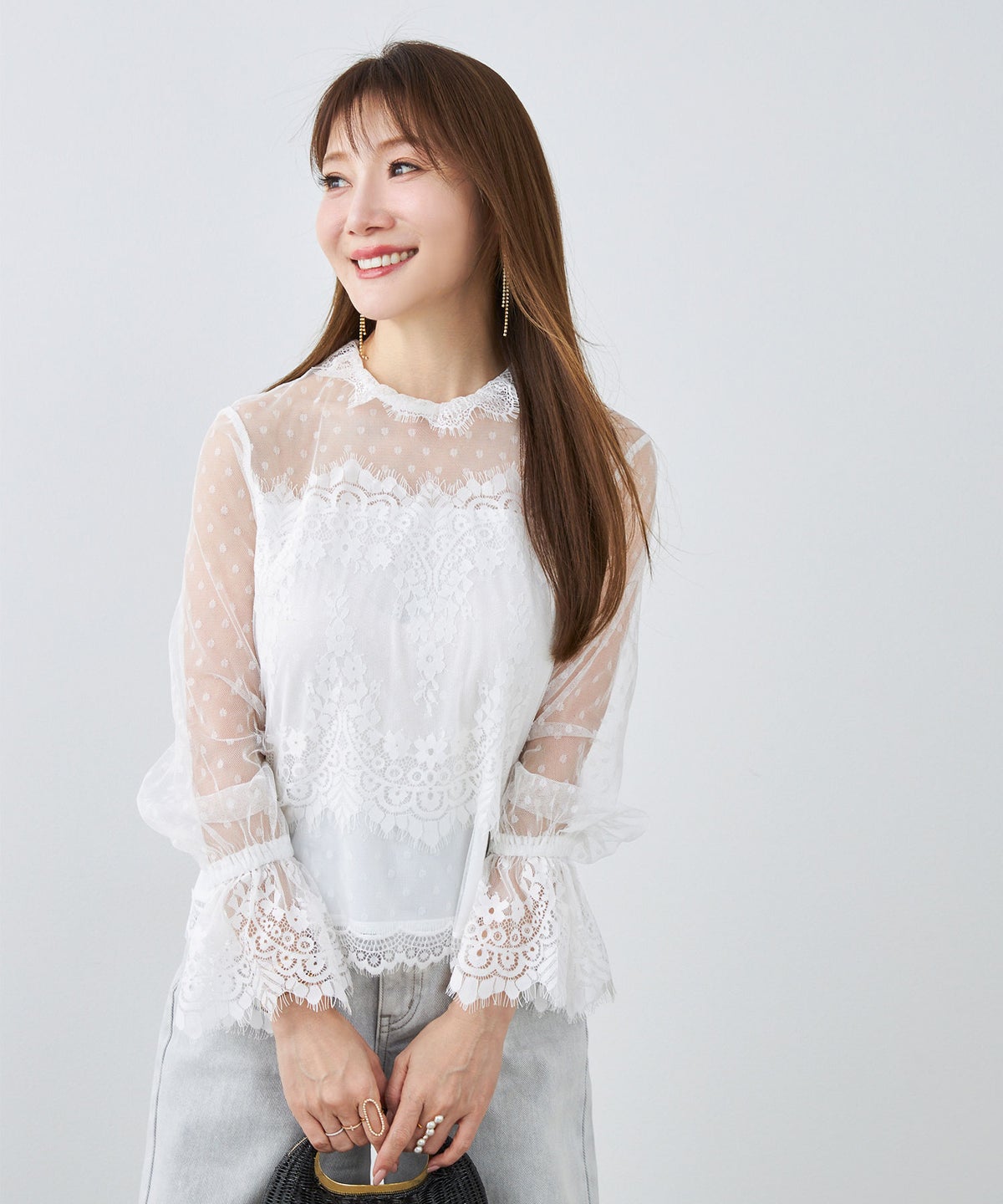 手洗い可 大人可愛い 上品 きれいめ 大人カジュアル フェミニン 白黒 春 シースルー 柄 ジョイントスペース