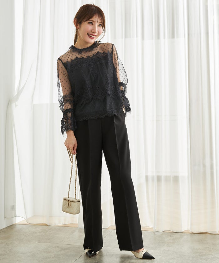 手洗い可 大人可愛い 上品 きれいめ 大人カジュアル フェミニン 白黒 春 シースルー 柄 ジョイントスペース