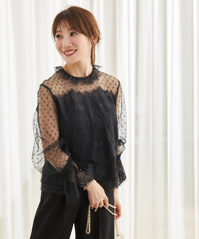 手洗い可 大人可愛い 上品 きれいめ 大人カジュアル フェミニン 白黒 春 シースルー 柄 ジョイントスペース