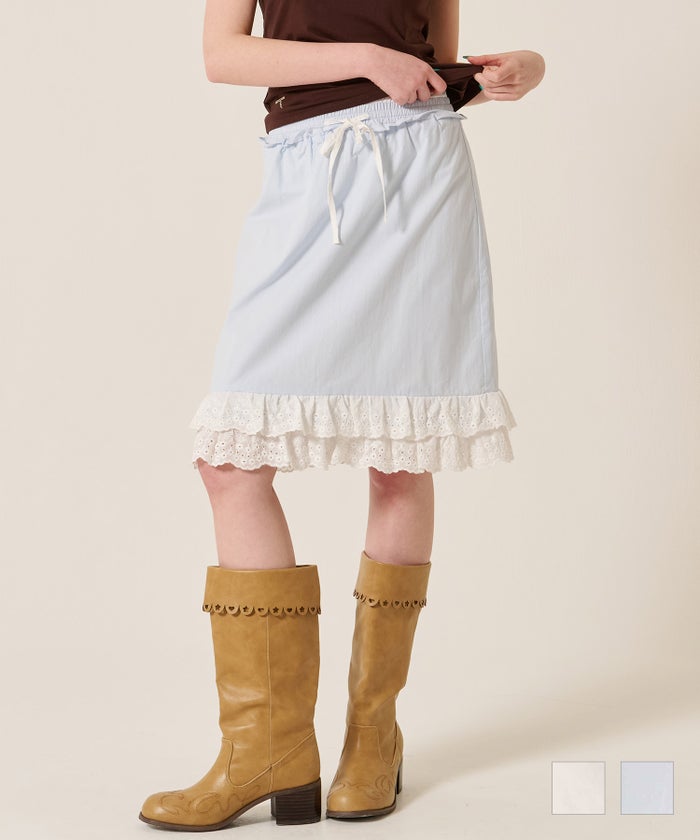 レース/スカート/ゴム/ダブル フリル ヘム ミディ丈 スカート TINA：JOJUN
