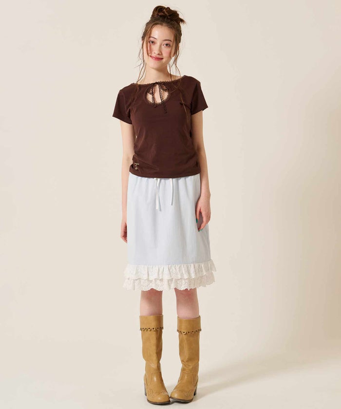 レース/スカート/ゴム/ダブル フリル ヘム ミディ丈 スカート TINA：JOJUN
