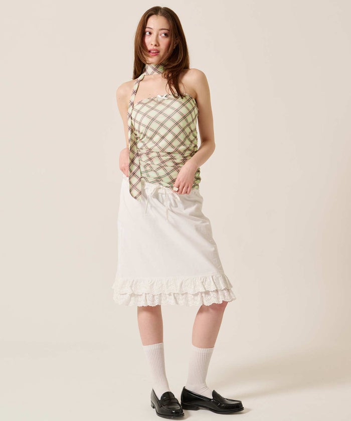 レース/スカート/ゴム/ダブル フリルヘム ミディ丈 スカート TINA：JOJUN