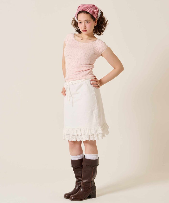 レース/スカート/ゴム/ダブル フリル ヘム ミディ丈 スカート TINA：JOJUN