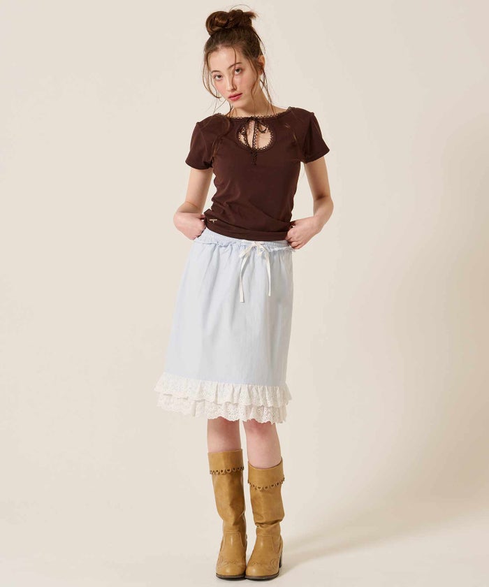 レース/スカート/ゴム/ダブル フリル ヘム ミディ丈 スカート TINA：JOJUN