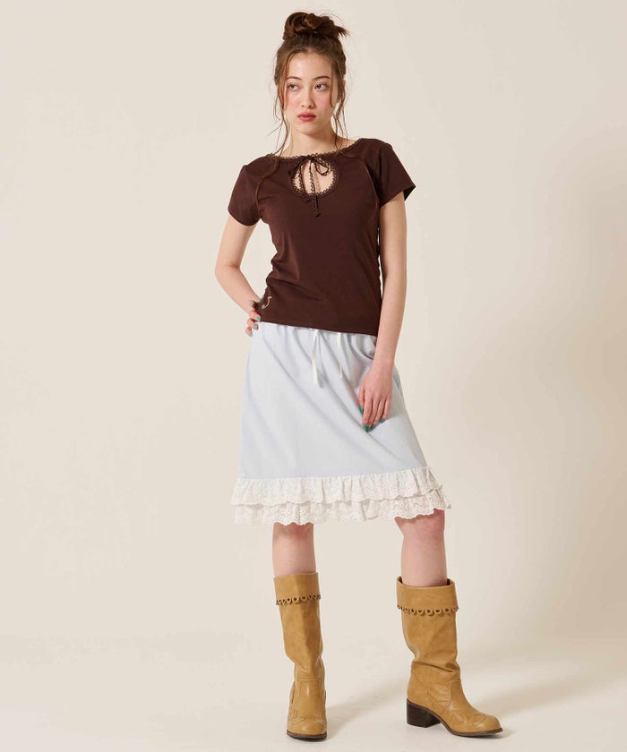 レース/スカート/ゴム/ダブル フリル ヘム ミディ丈 スカート TINA：JOJUN