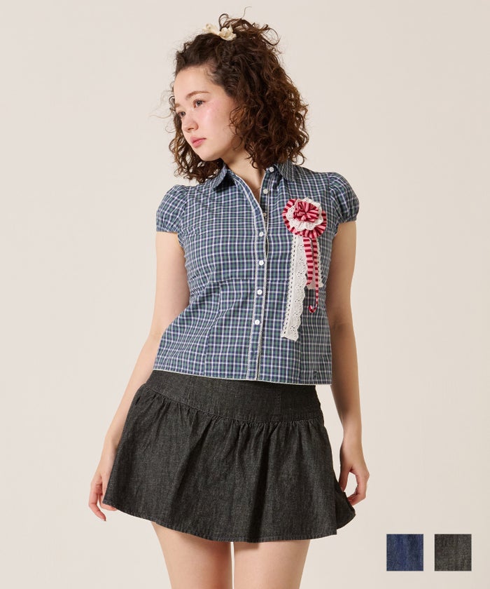 スカート/スカパン/パンツ付き ギャザー デニム ミニスカート TINA：JOJUN