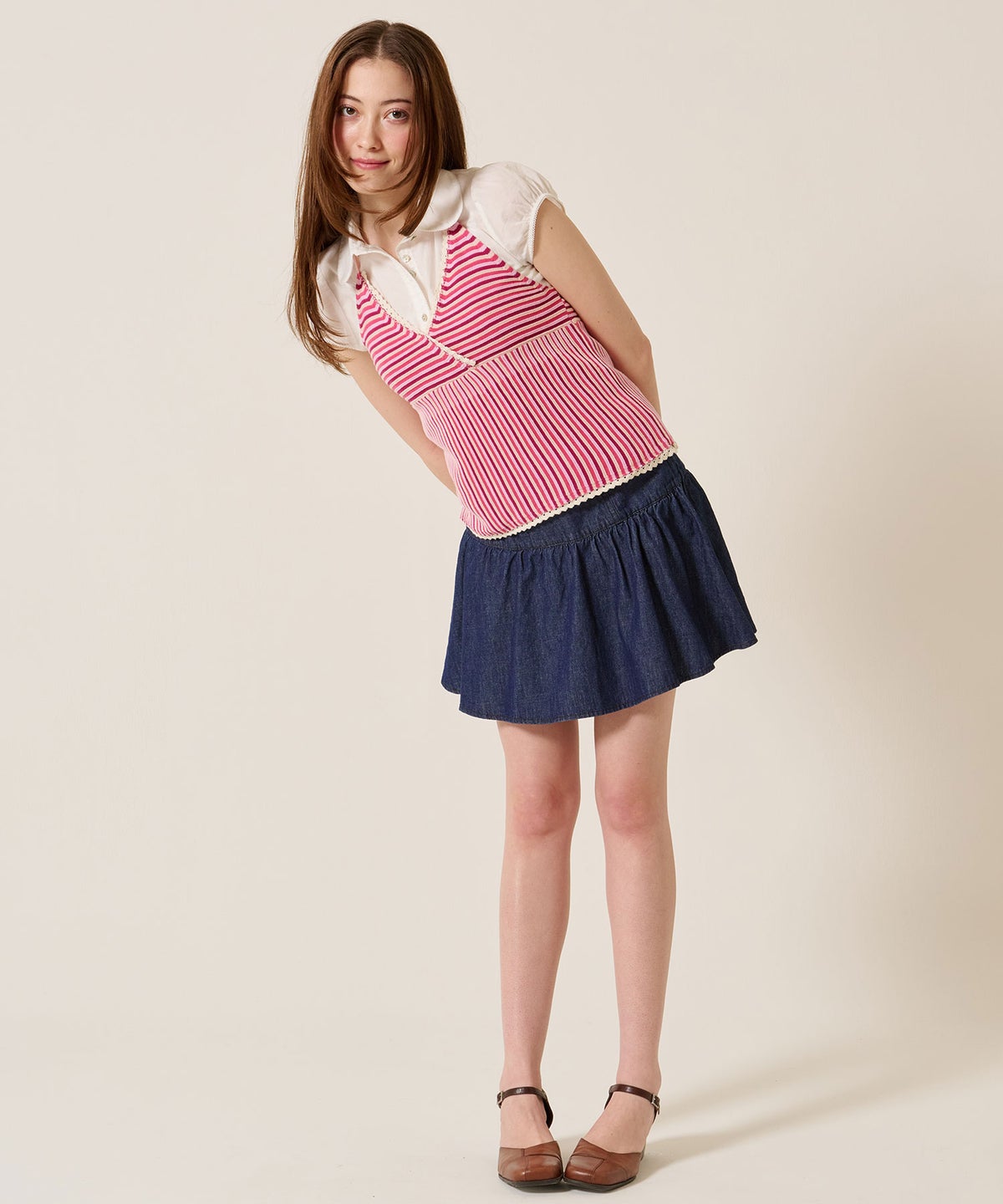 スカート/スカパン/パンツ付き ギャザー デニム ミニスカート TINA：JOJUN