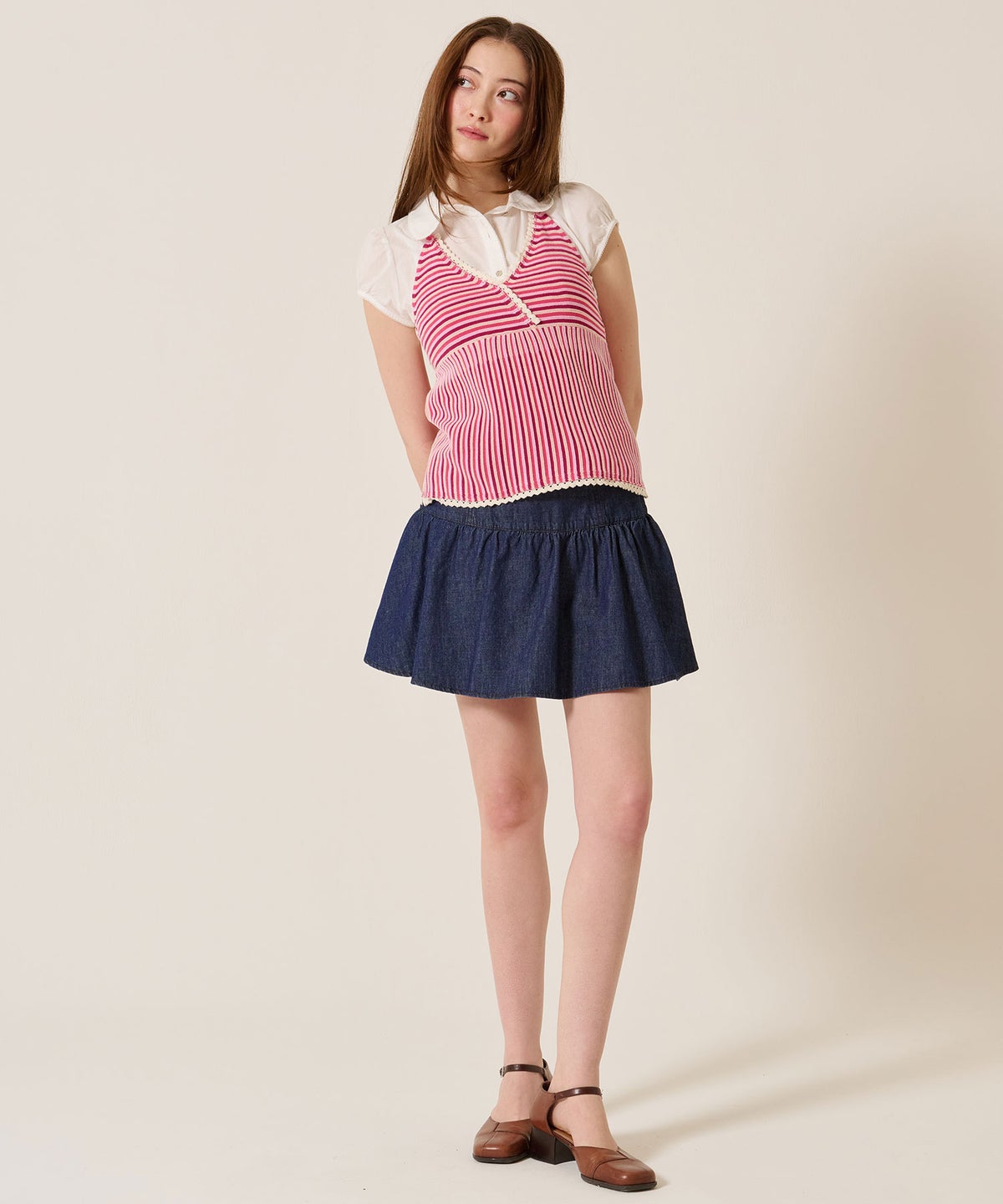 スカート/スカパン/パンツ付き ギャザー デニム ミニスカート TINA：JOJUN