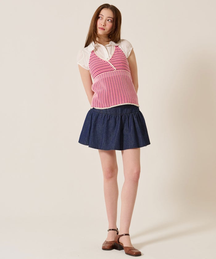 スカート/スカパン/パンツ付き ギャザー デニム ミニスカート TINA：JOJUN