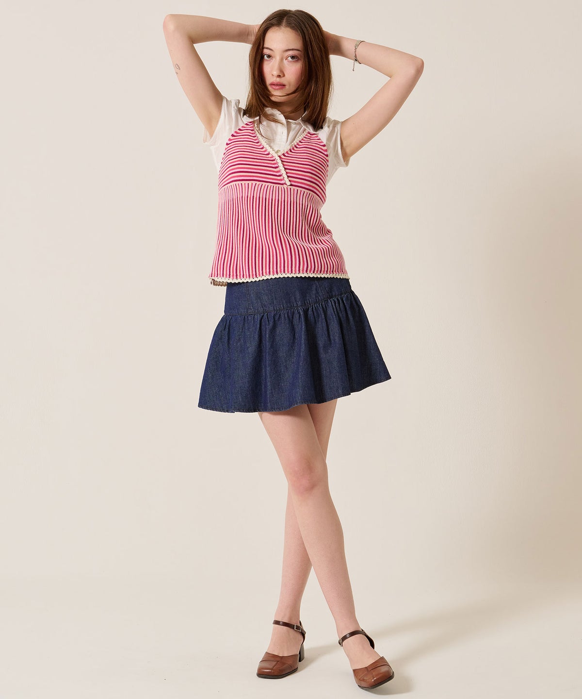 スカート/スカパン/パンツ付き ギャザー デニム ミニスカート TINA：JOJUN