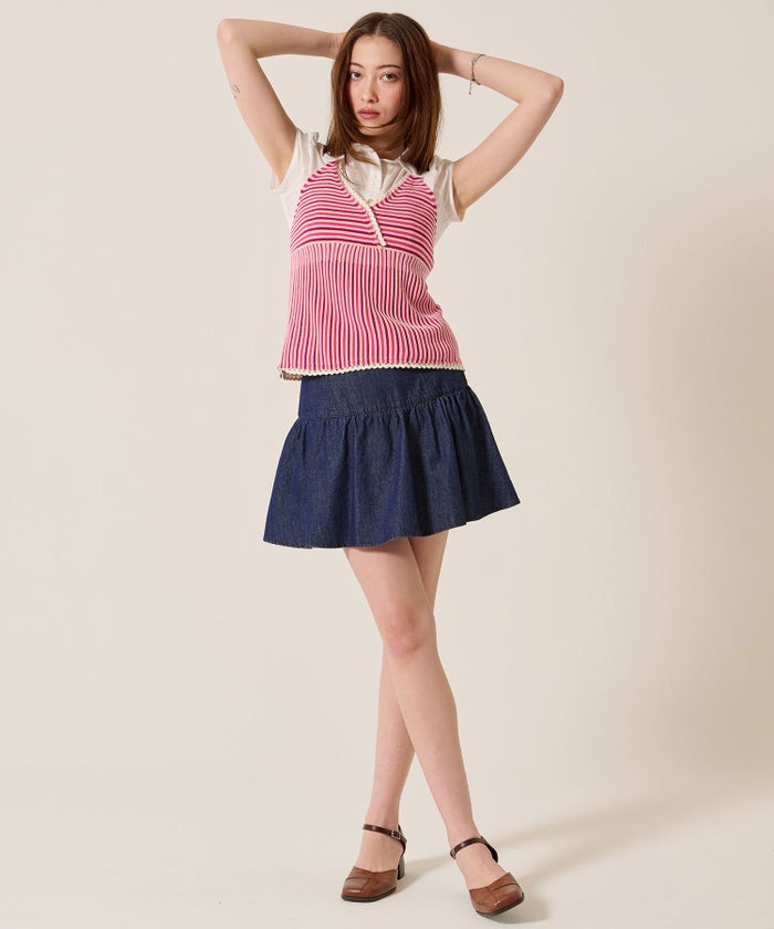 スカート/スカパン/パンツ付き ギャザー デニム ミニスカート TINA：JOJUN