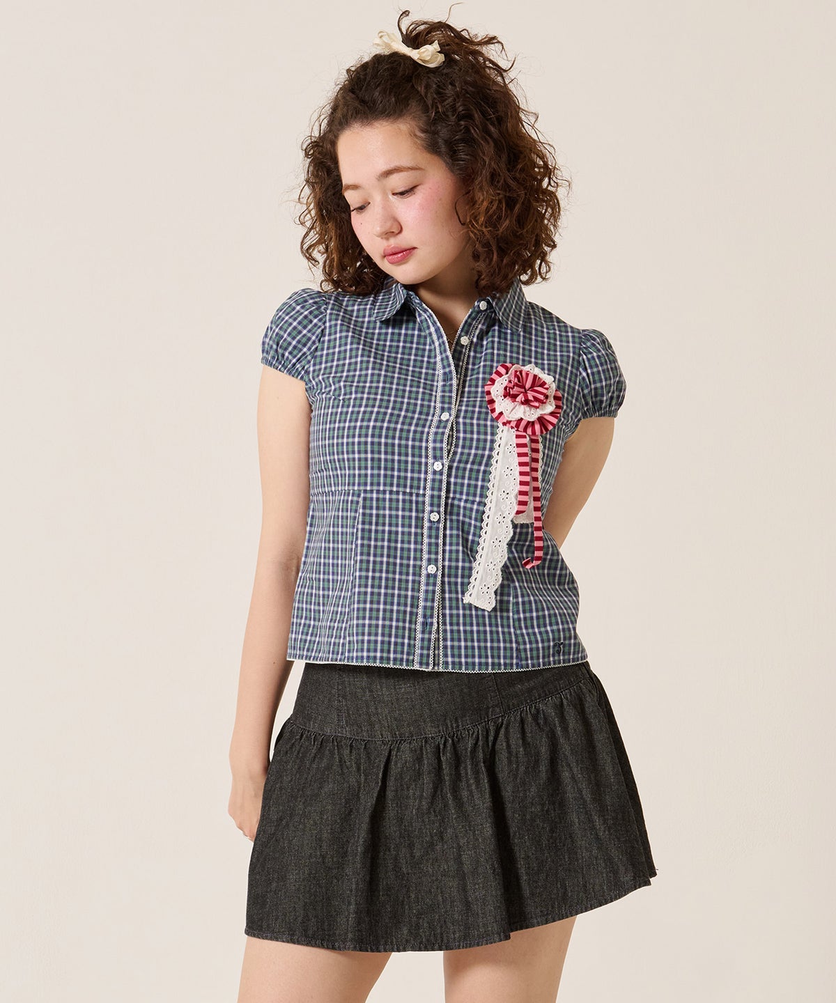 スカート/スカパン/パンツ付き ギャザー デニム ミニスカート TINA：JOJUN