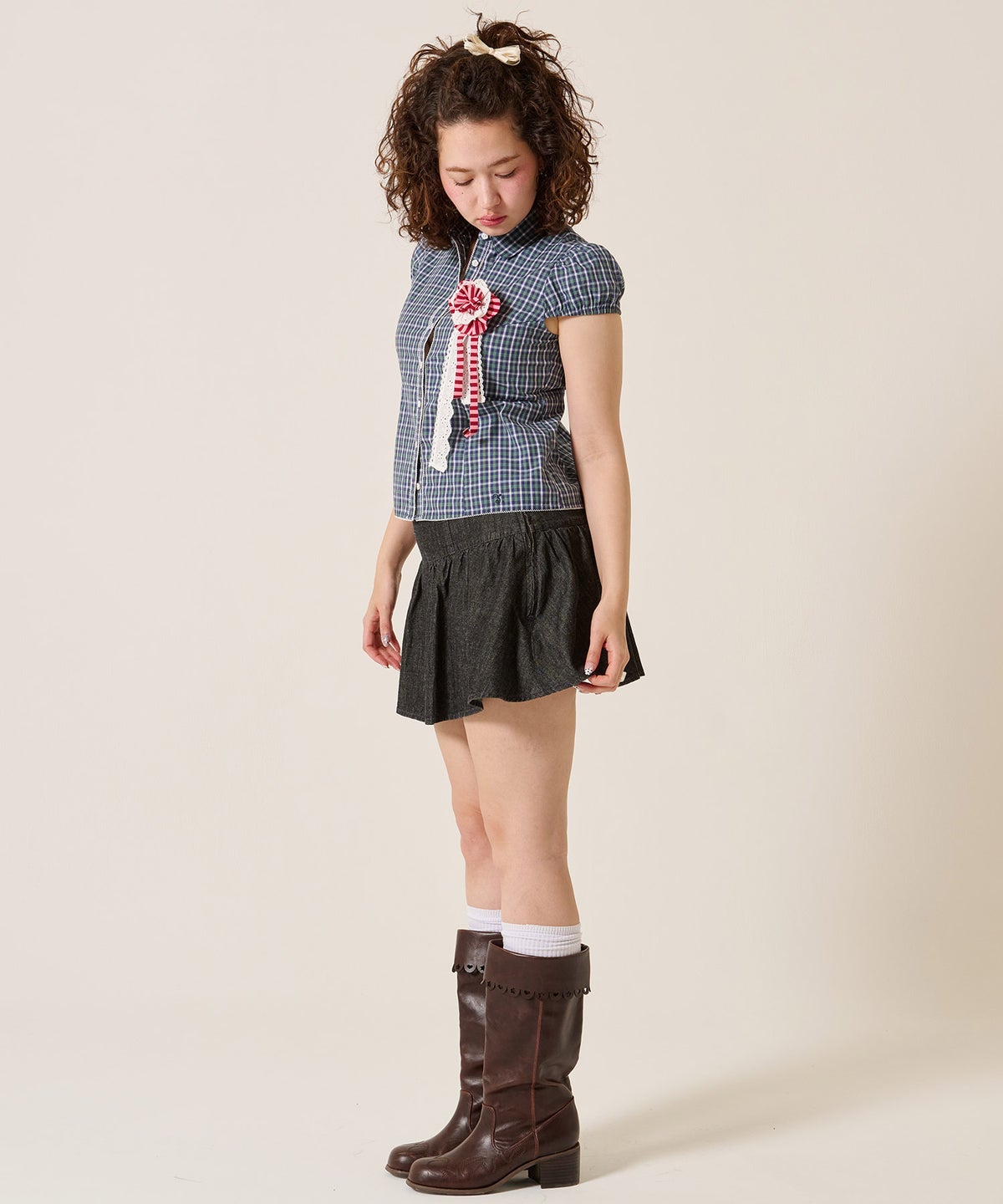 スカート/スカパン/パンツ付き ギャザー デニム ミニスカート TINA：JOJUN