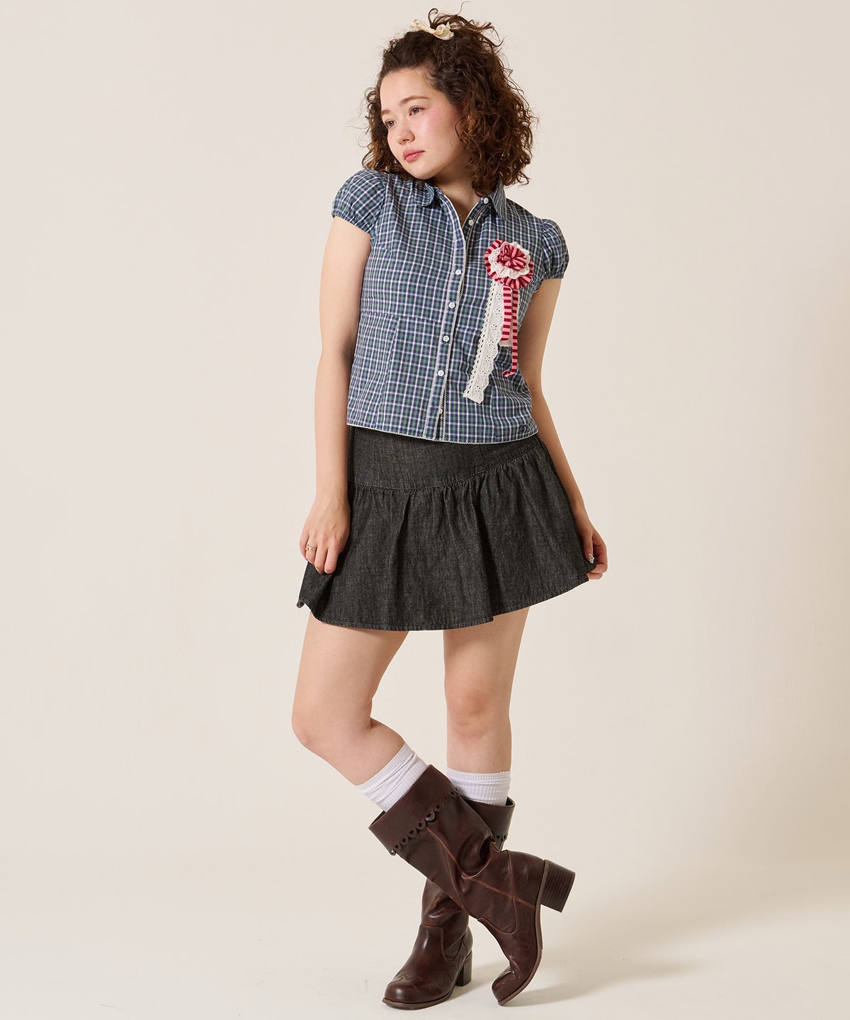 スカート/スカパン/パンツ付き ギャザー デニム ミニスカート TINA：JOJUN