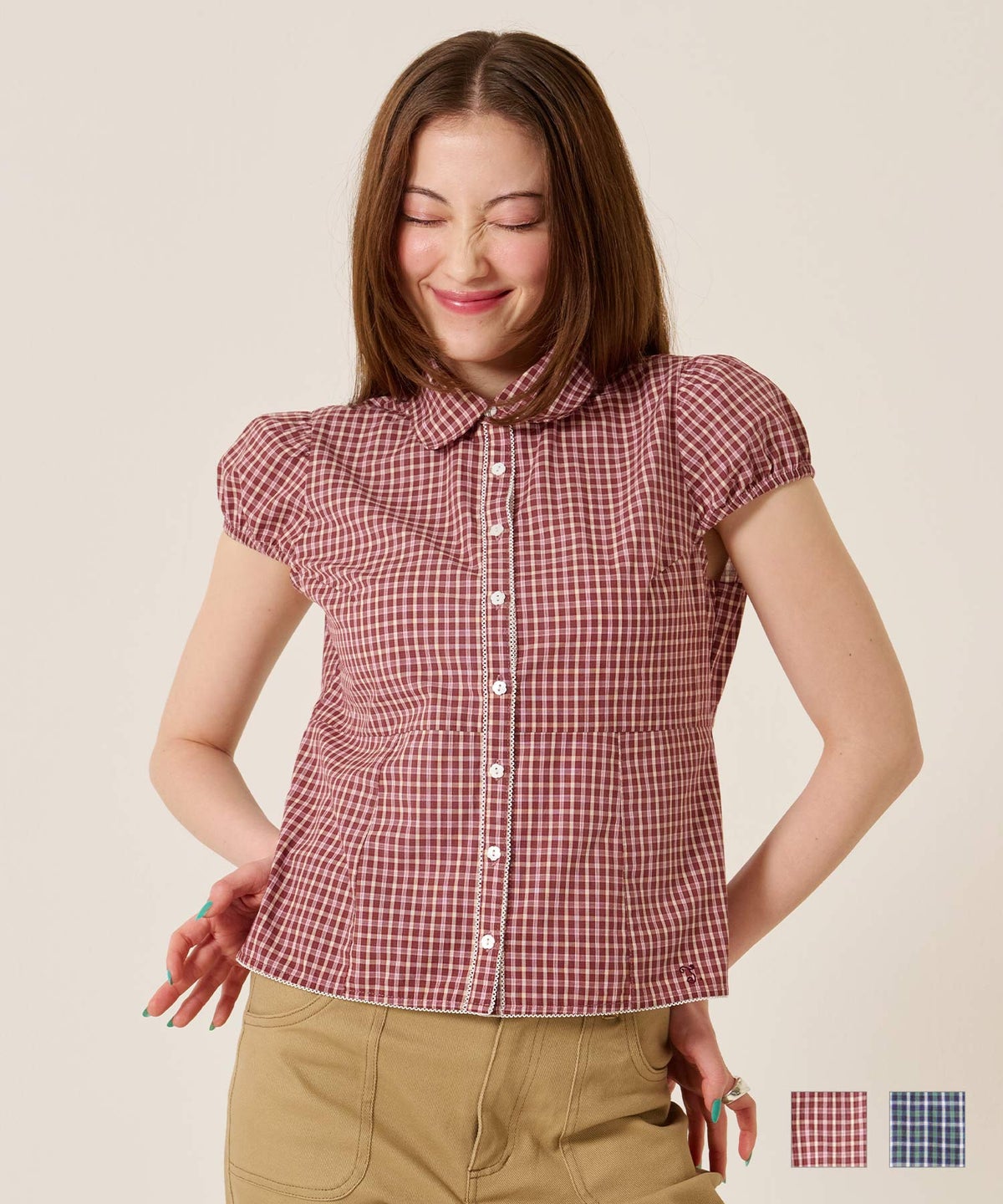 シャツ/トップス/フラワーボタン コンパクト チェック ブラウス TINA：JOJUN