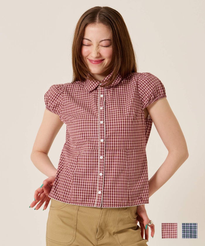 シャツ/トップス/フラワーボタン コンパクト チェック ブラウス TINA：JOJUN