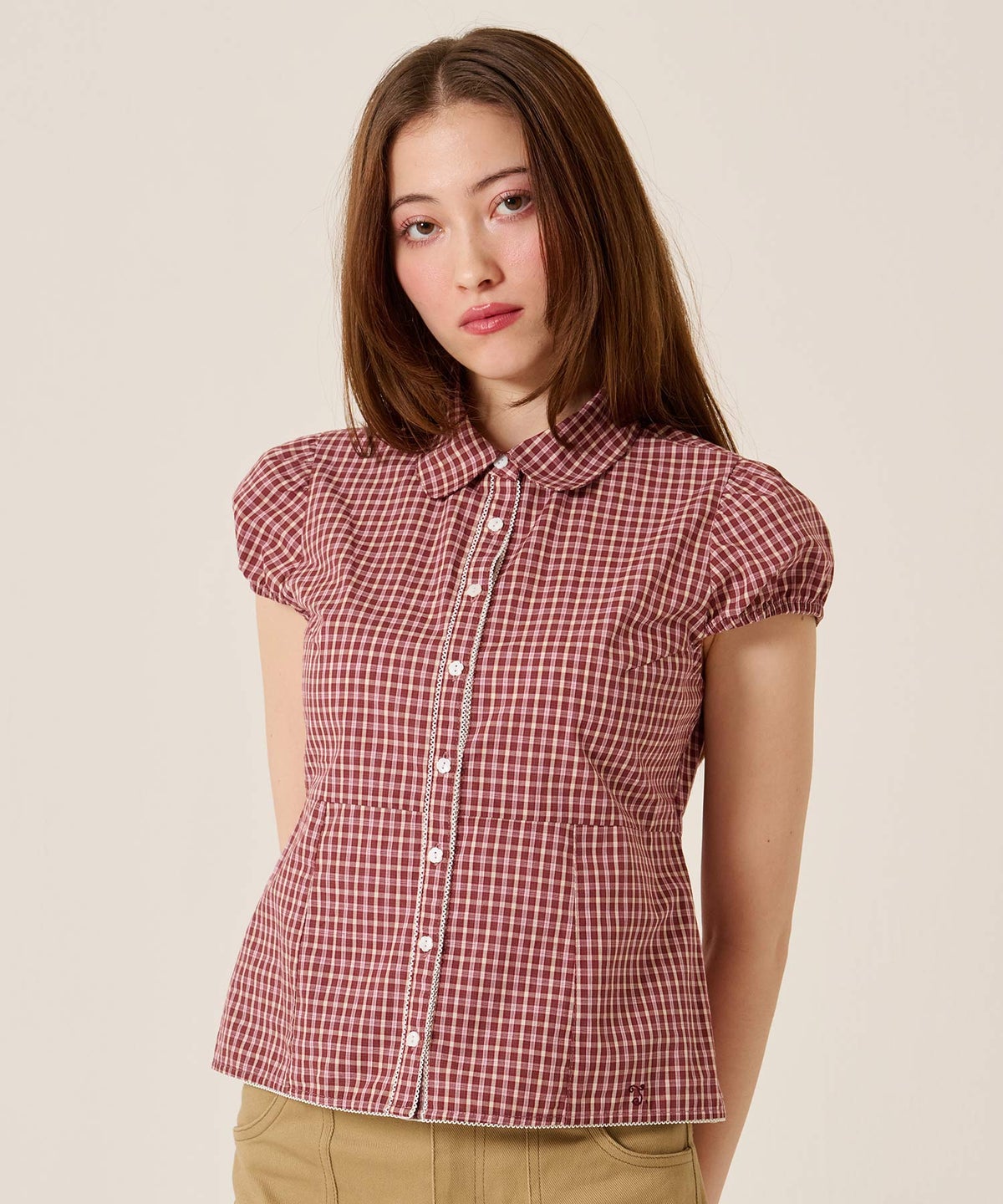 シャツ/トップス/フラワーボタン コンパクト チェック ブラウス TINA：JOJUN