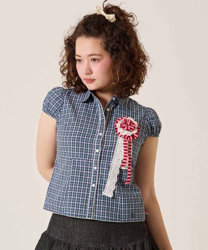 シャツ/トップス/フラワーボタン コンパクト チェック ブラウス TINA：JOJUN