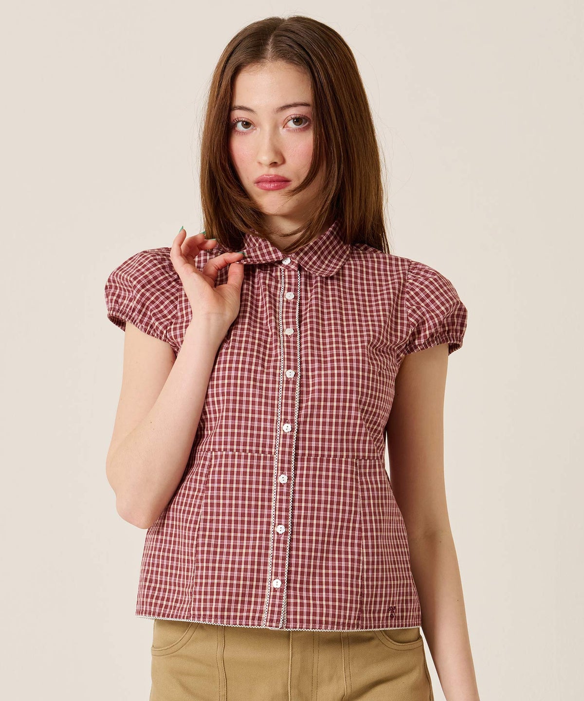 シャツ/トップス/フラワーボタン コンパクト チェック ブラウス TINA：JOJUN