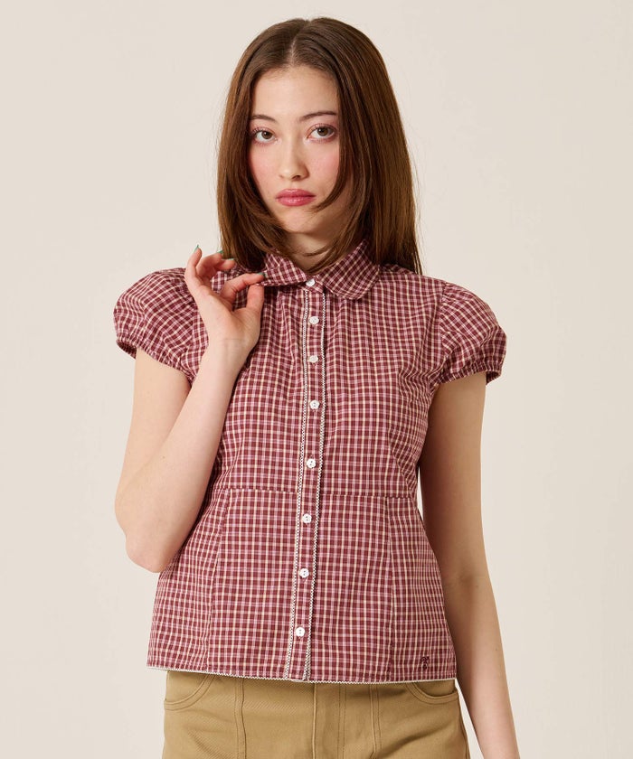 シャツ/トップス/フラワーボタン コンパクト チェック ブラウス TINA：JOJUN