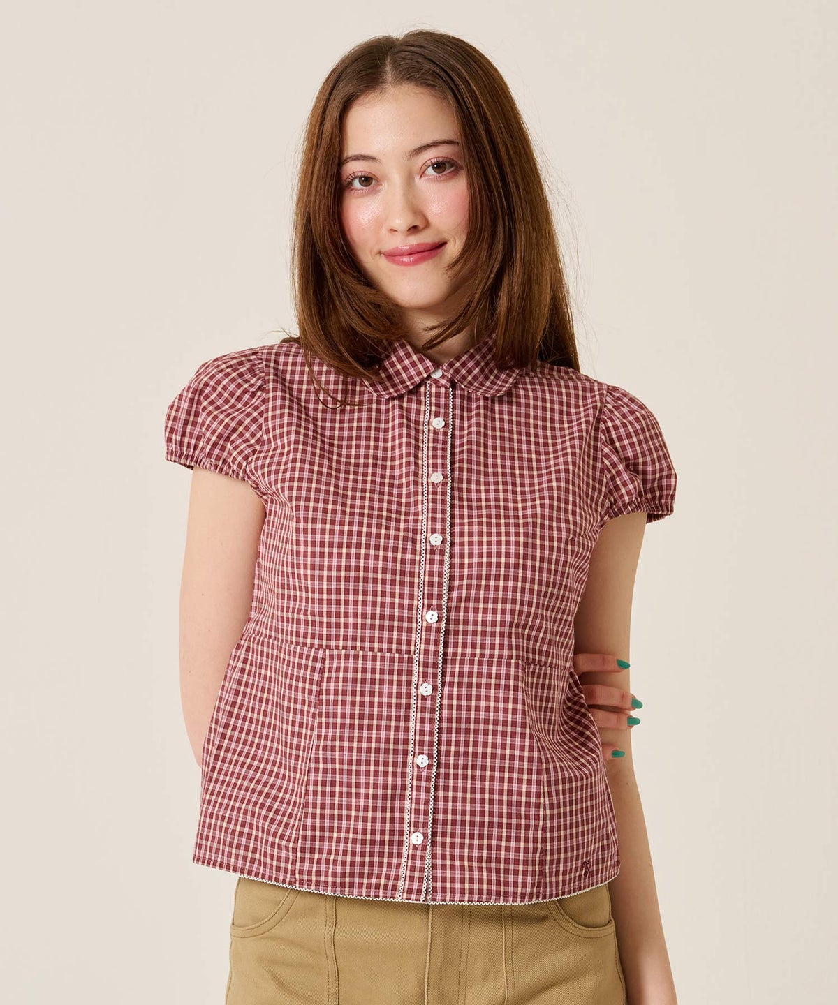 シャツ/トップス/フラワーボタン コンパクト チェック ブラウス TINA：JOJUN