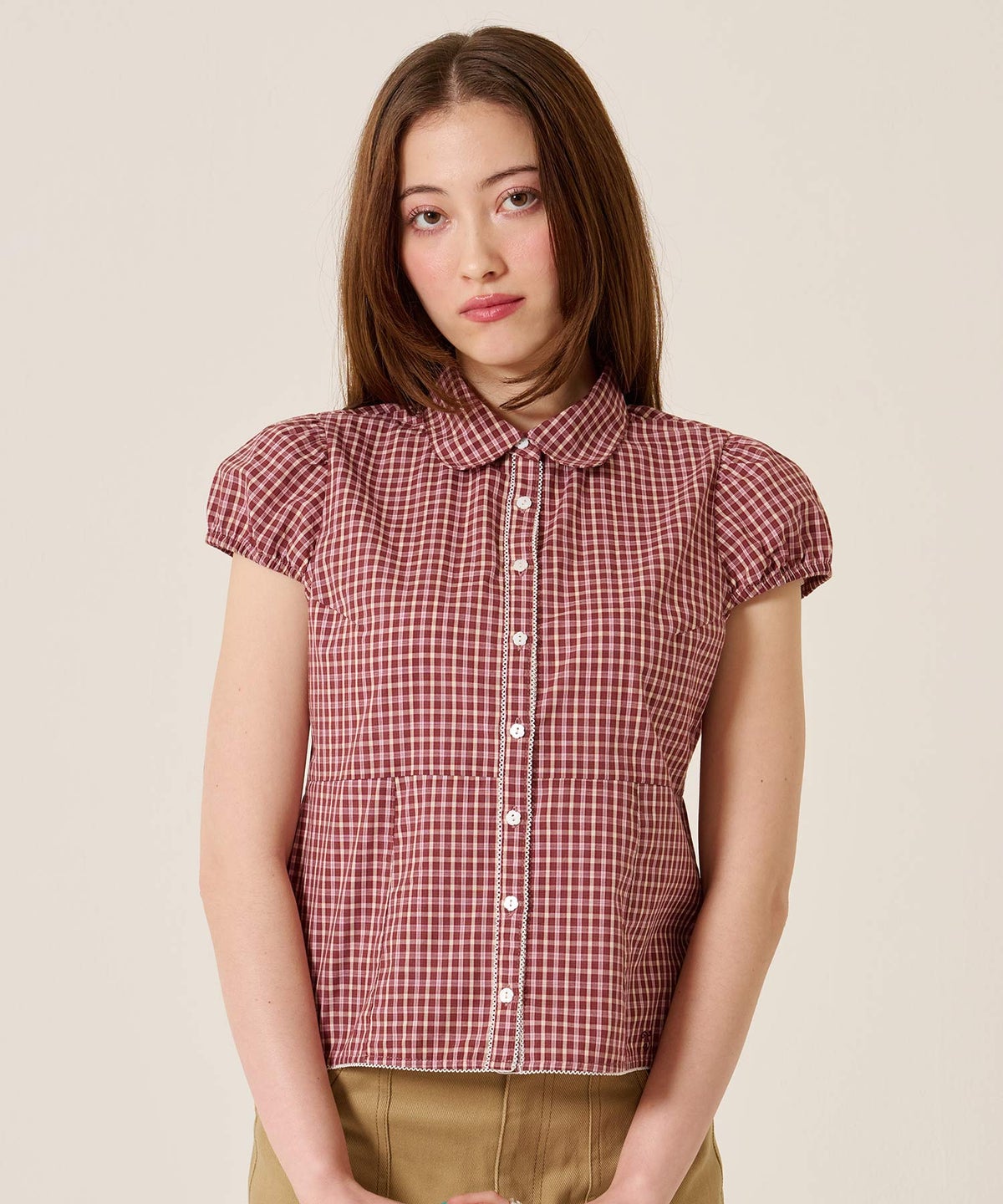 シャツ/トップス/フラワーボタン コンパクト チェック ブラウス TINA：JOJUN