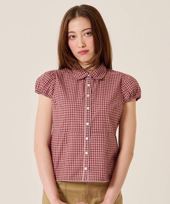 シャツ/トップス/フラワーボタン コンパクト チェック ブラウス TINA：JOJUN