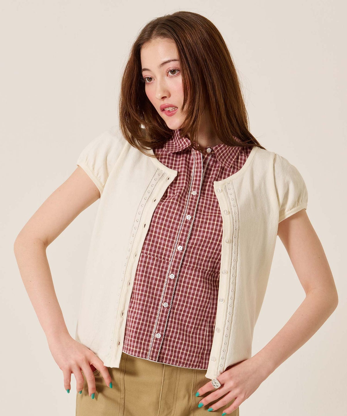 シャツ/トップス/フラワーボタン コンパクト チェック ブラウス TINA：JOJUN