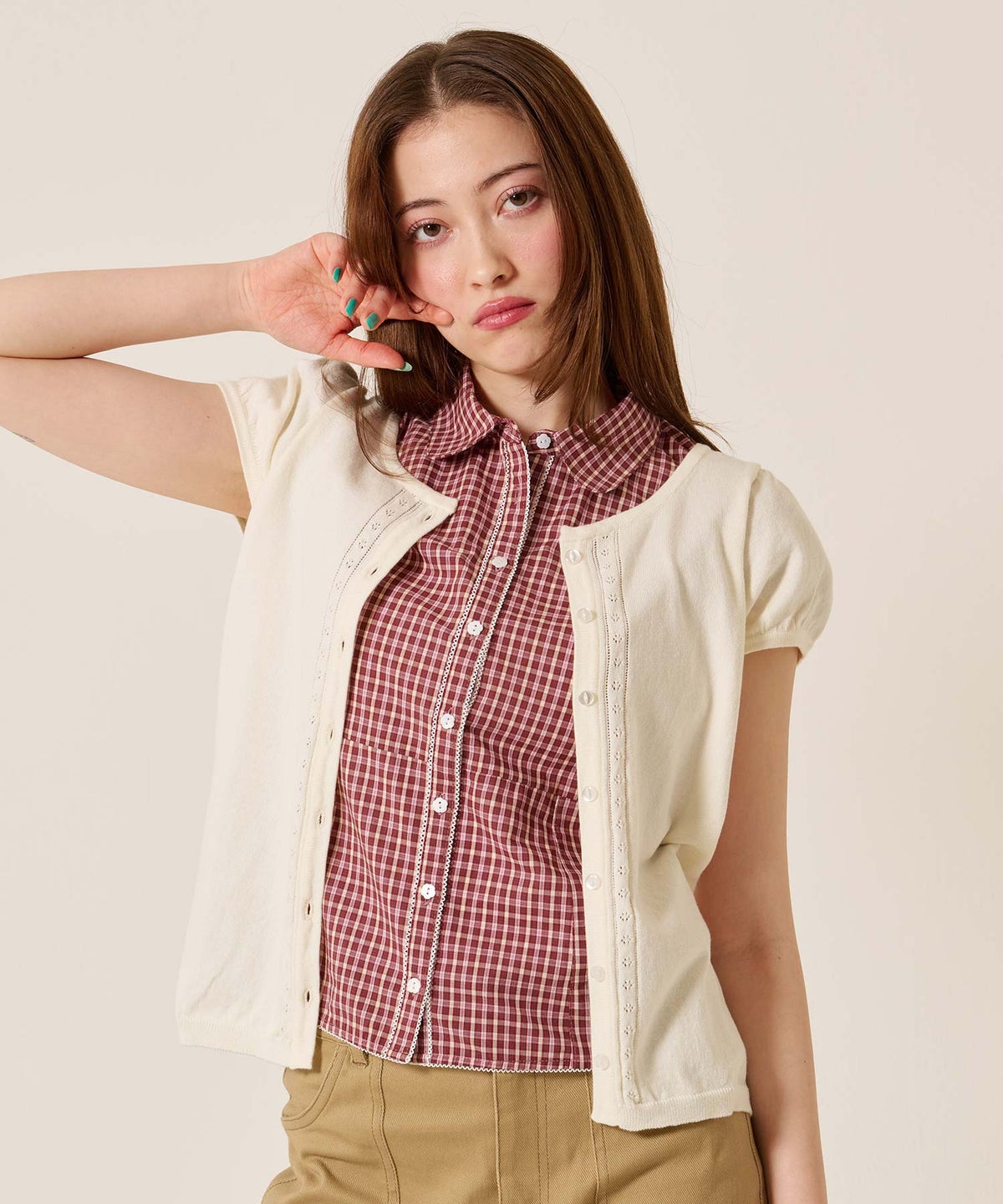 シャツ/トップス/フラワーボタン コンパクト チェック ブラウス TINA：JOJUN